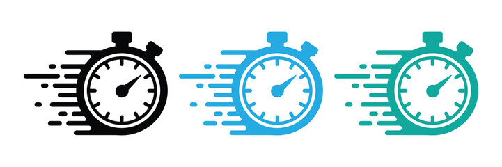 Set of three stopwatch icons in black, blue, and teal, indicating speed and time, isolated on white background