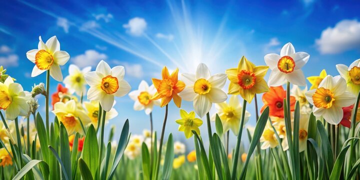 Colorful daffodils blooming in a spring garden against a light blue sky with minimal sunlight filtering through