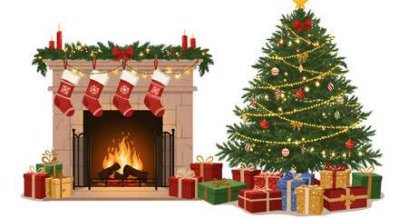 Vector illustration of fireplace with stockings, decorated tree and wrapped gifts, warm cozy holiday atmosphere, white background"
Vector illustration of fireplace with stockings, decorated tree and 
