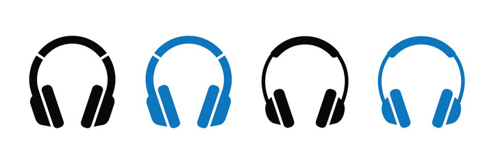 Four headphone icons in black and blue, isolated on white background