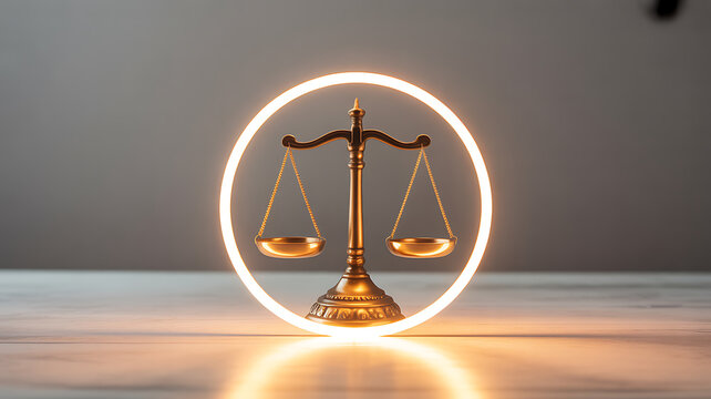 Golden scale of justice illuminated by a glowing circular light on a wooden surface