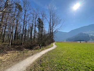 Walking, sports and recreation trails around lake Lauerz (Lauerzersee) in the valley basin of Schwyz, Switzerland (Schweiz)