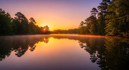 Obraz premium Lake at dawn with sunburst through trees and reflections on the water surface in the morning light ai generated