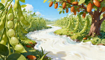 A conceptual illustration of a milk river flowing through a soy and almond field. Visualizing the natural source of plant-based dairy alternatives. Healthy vegan food concept
