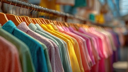 Vibrant array of shirts hanging neatly on a rack, offering a spectrum of hues