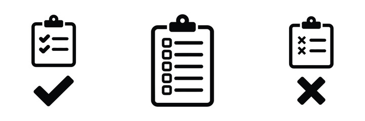 Three checklist icons on a clipboard, one with a checkmark, one blank, and one with an x mark, isolated on white background