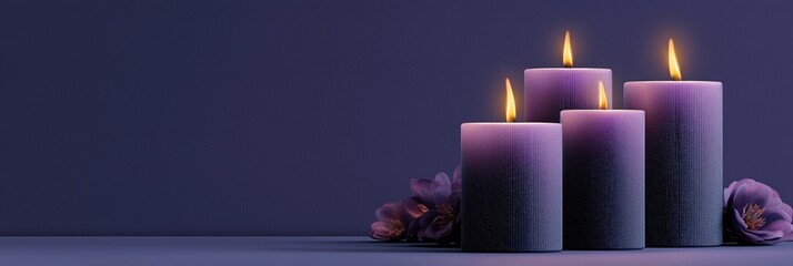 Banner with softly glowing purple candles decorated with flowers on purple background, symbolizing the beginning of Advent