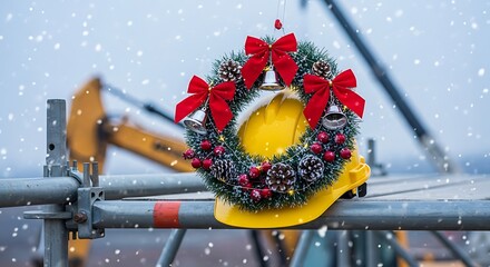 A yellow hard hat adorned with a festive Christmas wreath, complete with red bows and bells, rests on scaffolding amidst falling snow.