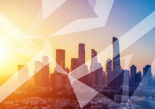 Modern cityscape silhouette with geometric overlay at sunset