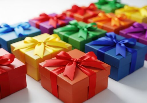 Colorful gift boxes with ribbons arranged in rows for celebration and surprise