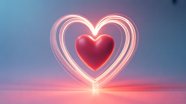 Glowing heart shape with radiant light trails on a soft gradient background