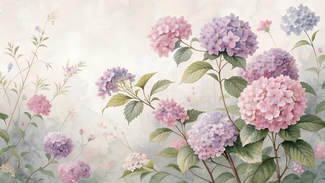Fototapeta  Realistic hydrangea wallpaper with soft pastel flowers. Lush floral mural with purple and pink hydrangeas. Elegant hydrangea print with textured background.