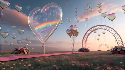 St Valentine Day 3d background with flying glass transparent heart frames and color light rainbow neon holographic gradient. Crystal balloon love symbol render banner with copy space. 3D illustration