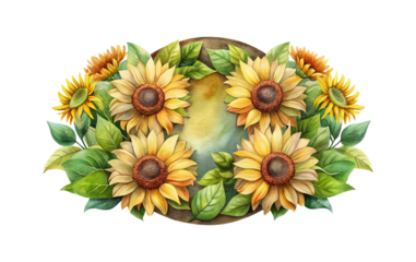 Watercolor painting of sunflowers arranged in a circular frame on white background