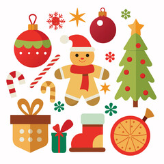 Fototapeta premium Vector art of a cheerful christmas flat design collection with a gingerbread man, tree, gift, stocking, candy cane, and ornaments, all isolated on a