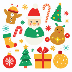 Fototapeta premium Vector art of cute cartoon christmas elements including a gingerbread man, snowman, candy cane, christmas tree, bauble, gift box, and stocking