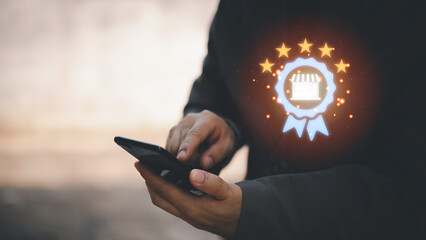 Certified business concept with quality assurance icon top of service in hand, representing trusted services and verified shops. Ideal for e-commerce, brand trust, or digital marketing visuals.