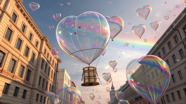  St Valentine Day 3d background with flying glass transparent heart frames and color light rainbow neon holographic gradient. Crystal balloon love symbol render banner with copy space. 3D illustration