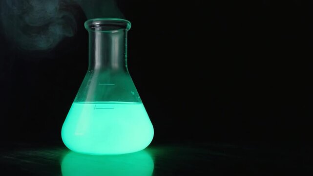 A glowing teal chemical flask with smoke