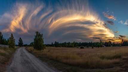 Obraz premium peace. A breathtaking sunset sky panorama with vibrant warm hues and glowing clouds. inspiring travel planning, travel magazines, designed for travel destination branding, inspires travel planning.