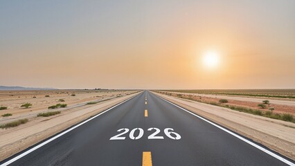 A straight empty road stretches endlessly into the desert landscape under a bright setting sun, with the number “2026” marked on the asphalt, symbolizing the journey toward the future