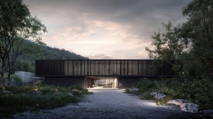 Modern Architectural House Surrounded by Nature at Dusk