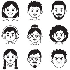 Cartoon Faces with Different Expressions Set