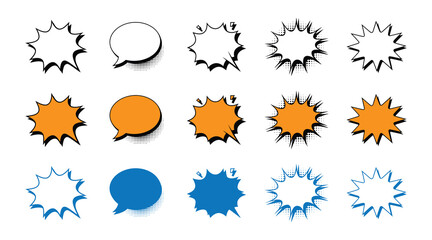 Collection of comic book style speech bubbles and explosion shapes in white, orange, and blue, set isolated on white background
