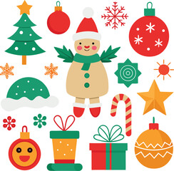 Fototapeta premium Vector art of vibrant collection of christmas icons, including a smiling snowman, decorated fir tree, round ornaments, gift boxes, candy cane, and star, all isolated on a for easy use