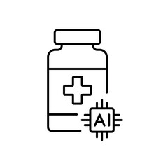 A vector icon of a medicine bottle with an AI chip, representing AI-assisted medication monitoring, created in line style with editable stroke