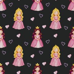 Princesses and Friends – watercolor seamless pattern
Repeating pattern featuring the full set of magical characters in gentle pastel colors.