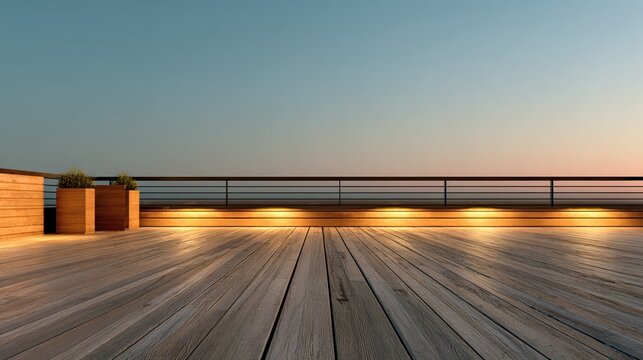 deck. A wooden patio deck at dusk with subtle warm lighting and a soft sky gradient. lifestyle magazines, social media lookbooks, designed for influencer and brand collaborations.
