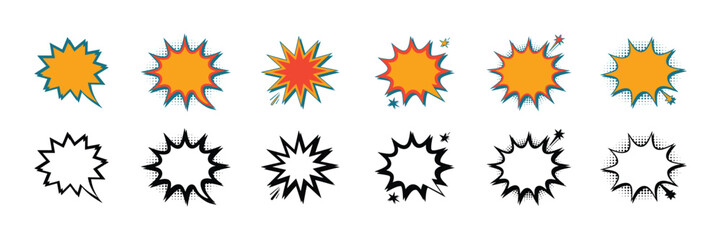 Collection of six comic book style explosion and speech bubble elements, with three colored orange and red, and three black and white outlines, isolated on white background