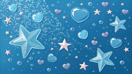  Star and Heart shaped Ramune Particles on blue background.