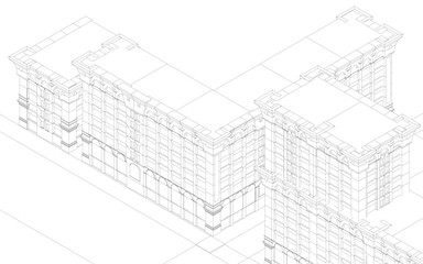 A detailed 3D wireframe model of a building blueprint, featuring numerous windows and architectural lines.Isometric view