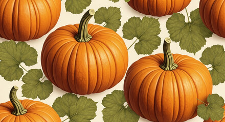 Close-up of orange pumpkins and green leaves on beige background, creating a fall harvest mood, ideal for autumnal themes or seasonal designs