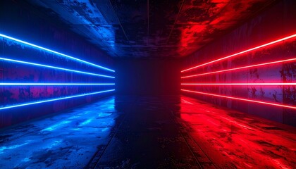 Sci-fi concept of a virtual reality tunnel with glowing red and blue laser lines representing digital conflict and choice