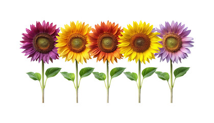 Obraz premium A Vibrant Array of Colorful Sunflowers Isolated on White Background Creating a Floral Pattern