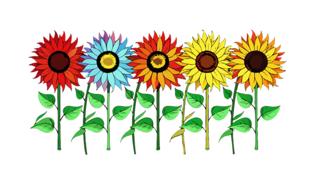 Colorful Sunflower Row Illustration on a White Background with Varying Colors