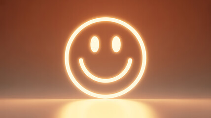 Glowing neon smiley face icon on a warm-toned background with soft reflection
