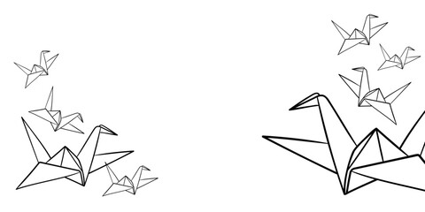Origami crane line art drawing background. Minimal origami design for card. Vector crane illustration on white background.