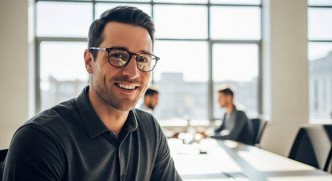 Smiling man in glasses, dark shirt, sits at office table Colleagues blurred background, conveying professionalism and success in business