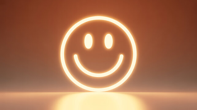 Glowing neon smiley face icon on a warm-toned background with soft reflection