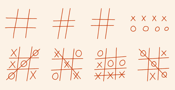 Tic Tac Toe Game Doodle Set, Hand-Drawn Tic-Tac-Toe Scribble Collection. X-O children's game, Noughts and Crosses doodle sketch. Vector Illustration Isolated on a Background