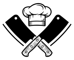Chef hat with two crossed meat cleavers, cooking, restaurant, kitchen, butcher, chef