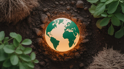 A glowing globe embedded in soil surrounded by green plants and natural elements