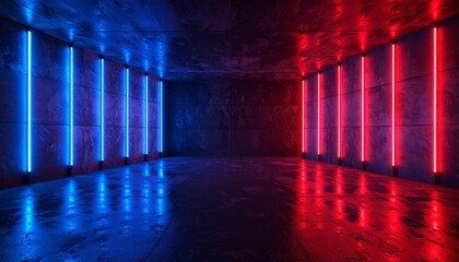 Abstract Neon Light Installation in a Dark Room Futuristic Architectural Design