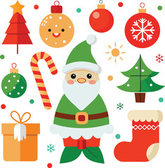 Naklejka premium Vector art of compilation of christmas elements including santa claus, christmas tree, candy cane, bauble, gift box, and snowflake