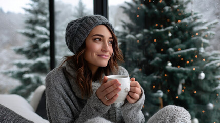Decorating Christmas tree with stylish ribbon. Woman in cozy sweater hanging modern velvet decoration on tree branch close up. Atmospheric winter holiday tradition, family time. A festive New Year's