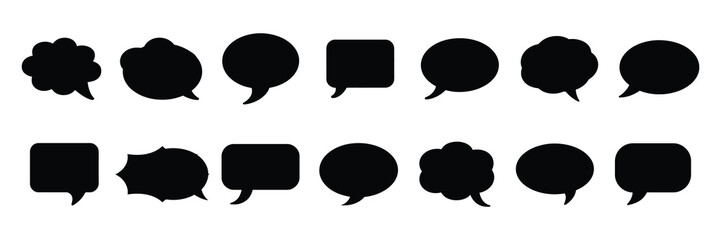Collection of black speech bubble silhouettes in various shapes and sizes, isolated on a white background